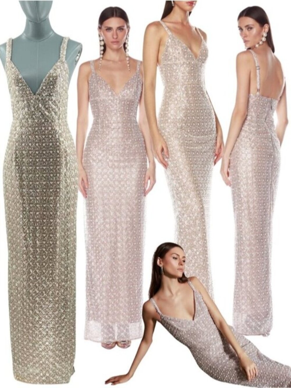 🆕 BRONX & BANCO 🧿 NWOT Allegra Silver Sequin & Beaded Maxi Dress, Sz XS US 2